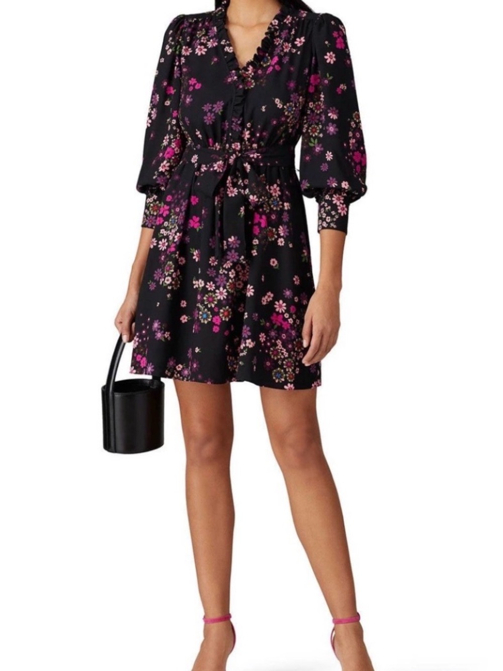kate spade Black Floral Tie-Waist Mini Dress